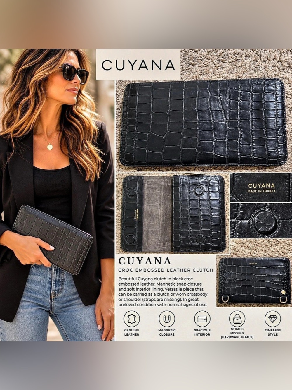 Cuyana Croc Embossed Leather Clutch in Black
